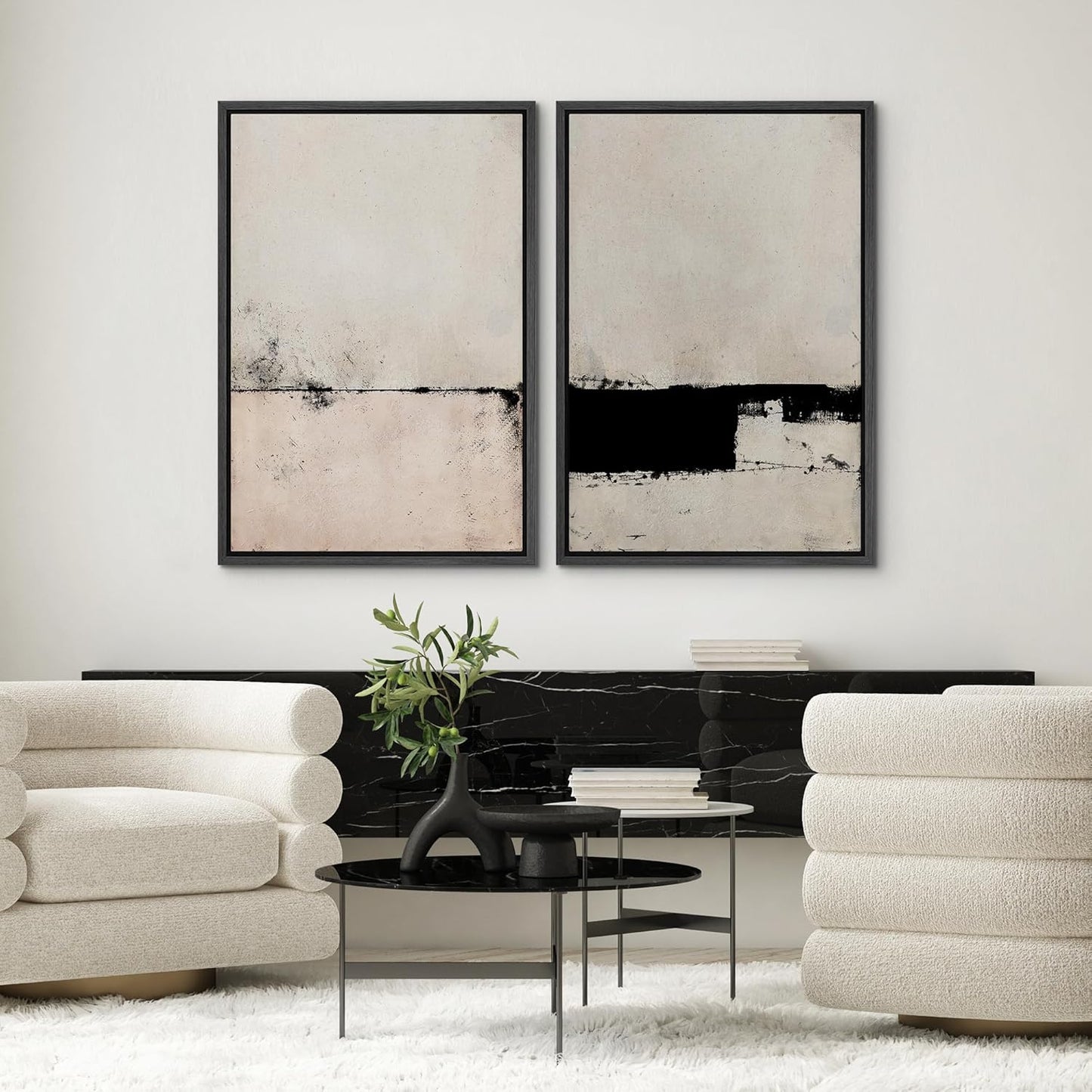 SIGNWIN Framed Canvas Print Wall Art Set Pastel Industrial Grunge Landscape Abstract Shapes Illustrations Minimal Decorative Nordic Relax/Zen for Living Room, Bedroom, Office - 24"x36"x2 Black