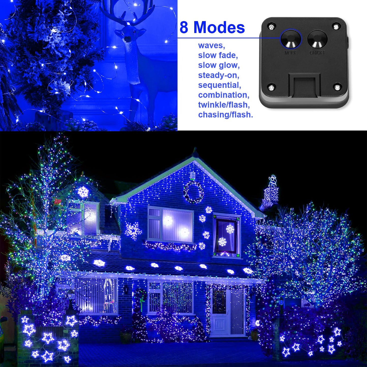 YAOZHOU Solar Christmas String Lights, 200 LED, 66Ft, 8 Modes, Waterproof, Blue, 2 Pack, Model YZ001