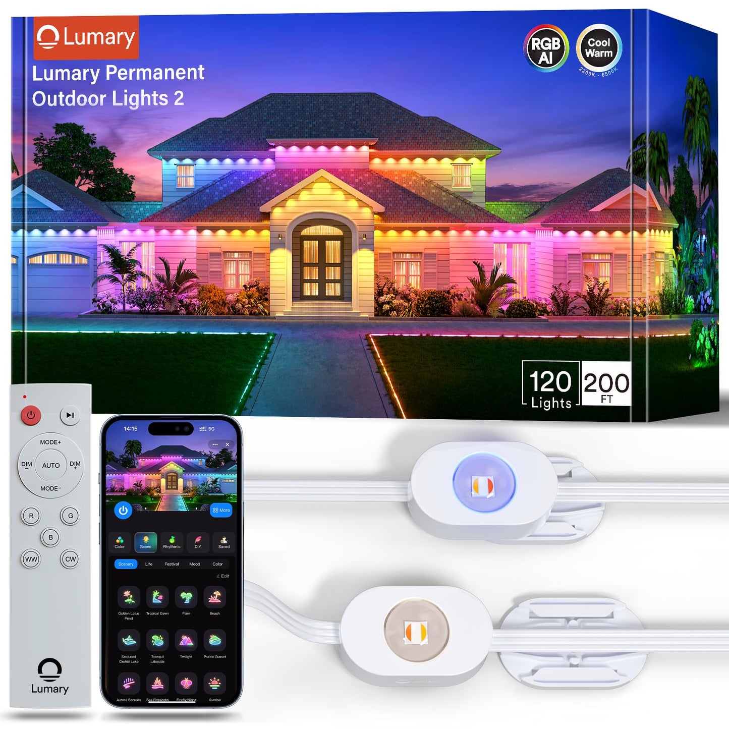 Lumary Permanent Outdoor Lights 2 With Remote  200Ft With 120 Rgbaicw Leds 7200Lm For Daily & Accent Lighting  110+ Scene Modes For Christmas Decor  Ip67 Waterproof  Work With Alexa  Google  White