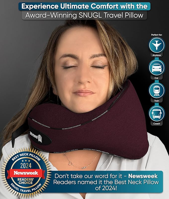 SNUGL Neck Travel Pillow - Memory Foam Airplane Pillow - Flight Pillow | Neck Support Travel Pillow with Carry Bag & Clip | Neck Pillows for Sleeping Travel Plane | Flying Travel Essentials - Dark Red