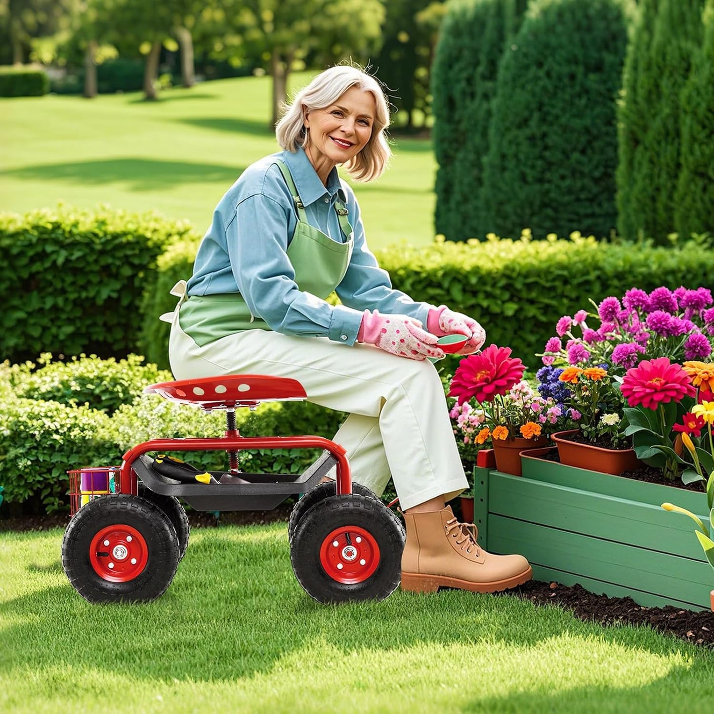 S AFSTAR Rolling Garden Cart, Wagon Scooter with 360° Swivel Seat, Storage Tray, Basket & Rubber Wheels, Heavy-Duty Gardening Tool Cart for Weeding, Patio & Yard (Red)