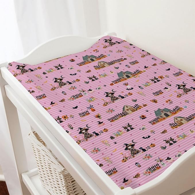 Fall Farm Witch Cats Baby Changing Pad Cover Halloween Farmhouse Pig Hen Bat Moon Pumpkins Floral Nursery Diaper Changing Table Sheets for Boy Girl Soft Stretch Changing Pad Table Mats 32''x16''