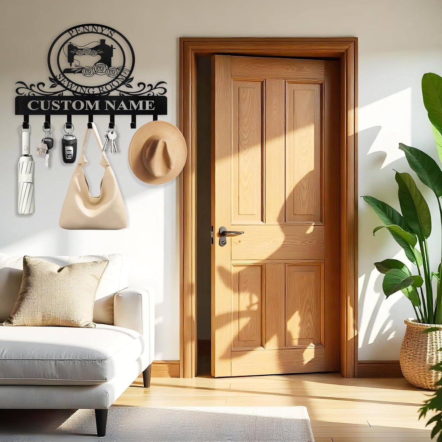 Personalized Key Holder Wall Mount - Custom Sewing Machine Design Key Hanger for Wall Art Decor, Metal Coat Rack Organizer with Hooks, Key Hanger for Bedroom Entryway Hallway, Personalized Gift