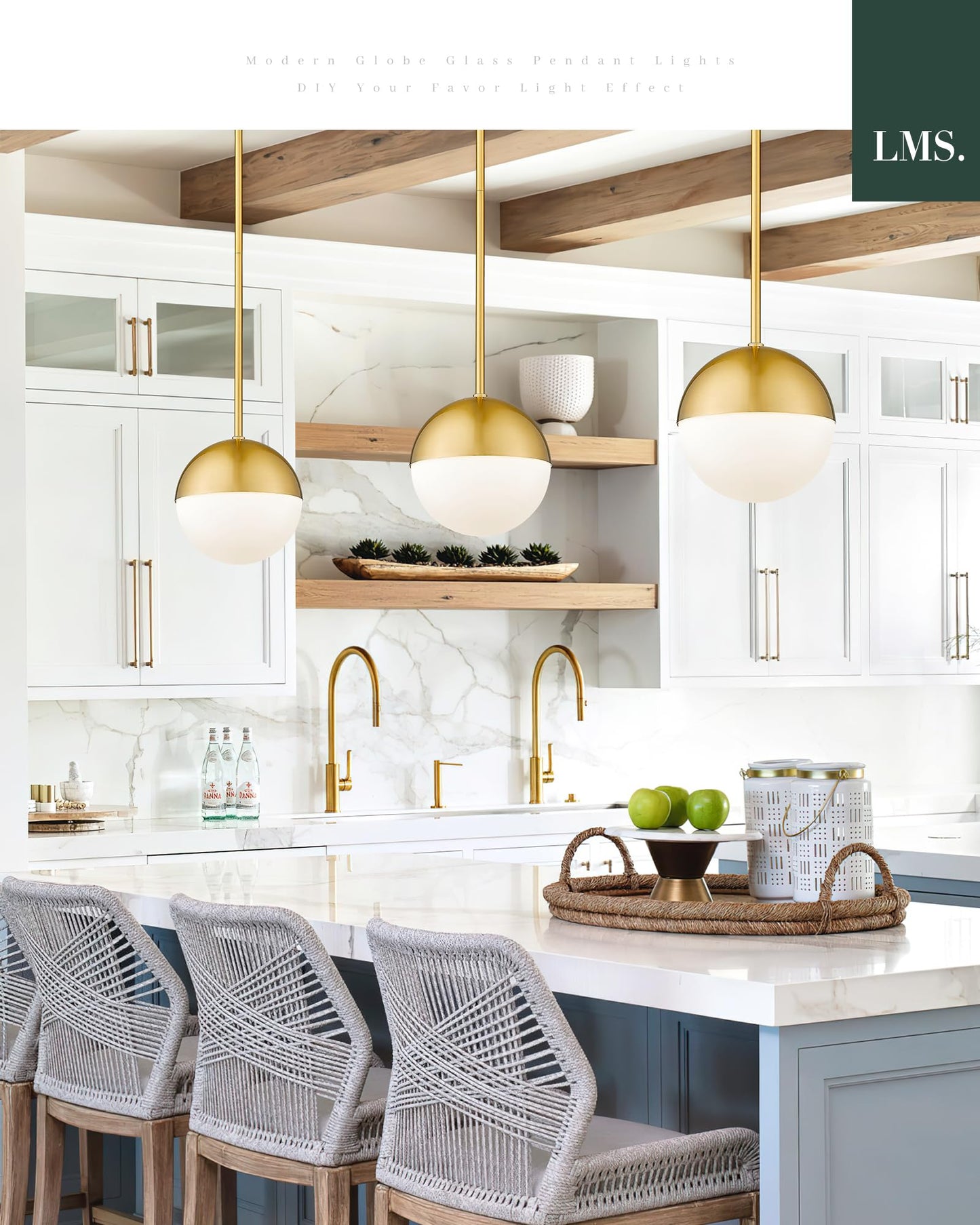Lms 2-Pack Brushed Gold Pendant Lights  Modern Pendant Light With Milky Globe Glass Shade  Adjustable Hanging Lighting Rod For Kitchen Island Dining Room Bedroom  Lms-186Bg2Pk