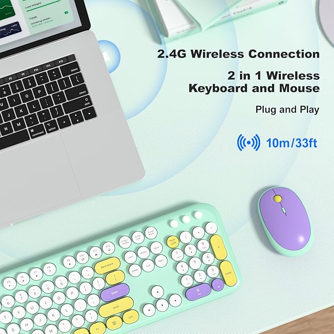 MOFII Wireless Keyboard and Mouse, Retro Typewriter Keyboard and Silent Mouse, 2.4GHz Full Size Keyboard and Mouse Wireless Combo for Laptop, PC, Desktop, Windows (Mint Green)