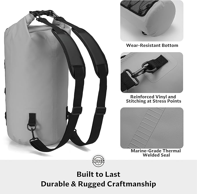 STOVER 5/10/25/30/40/55L Waterproof Dry Backpack- Medium Floating Dry Bag for Kayaking, Travel, Tubing, Hiking, Fishing, Camping, Motorcycles & the Beach, Heavy-Duty Roll Top Men/Women (Grey)