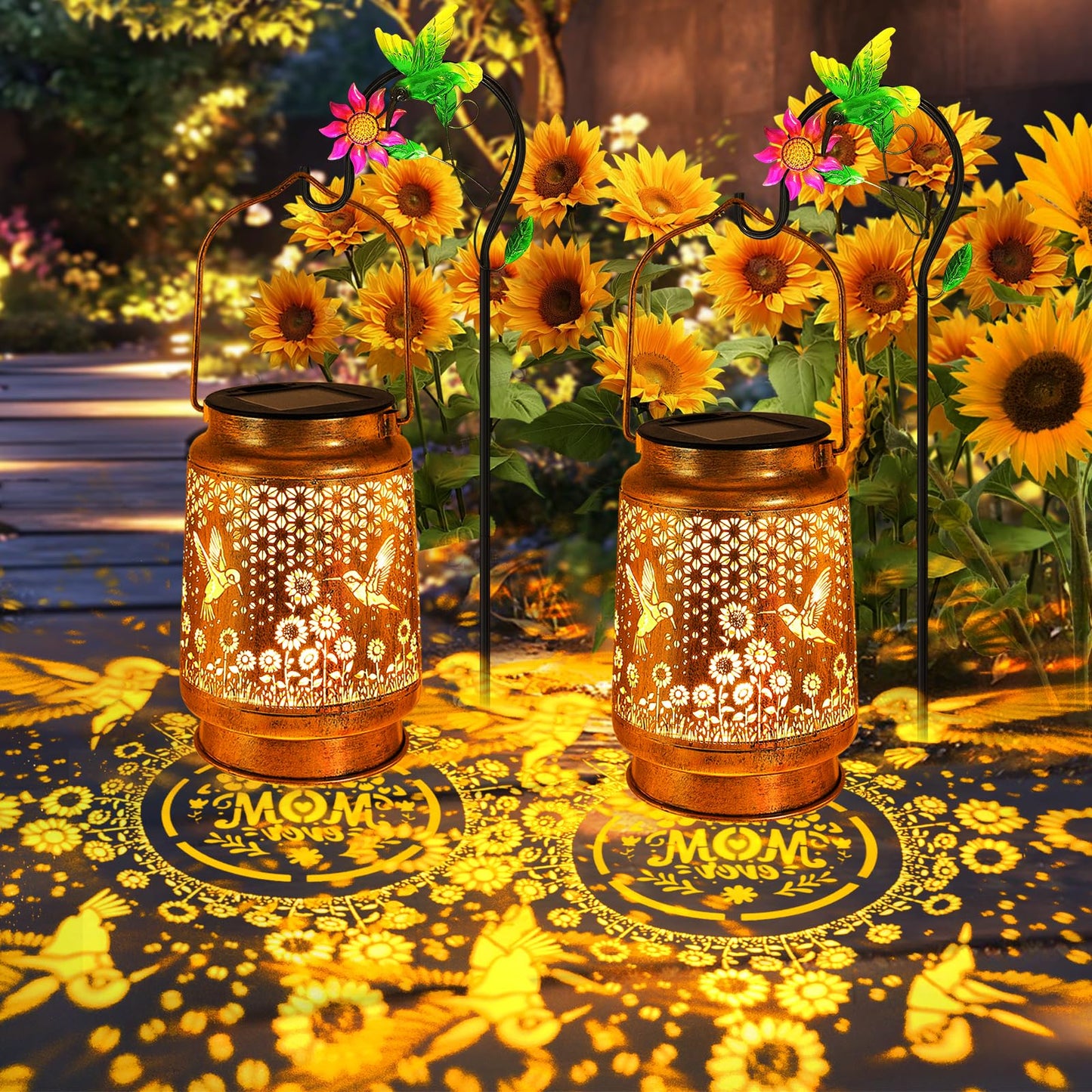 2 Pack Hummingbird Solar Lanterns Outdoor Garden Decor  Birthday Gifts For Women Mom Grandma Christmas  Hanging Metal Solar Lights Waterproof Led Decoration With Shepherd Hook Outside For Yard Patio