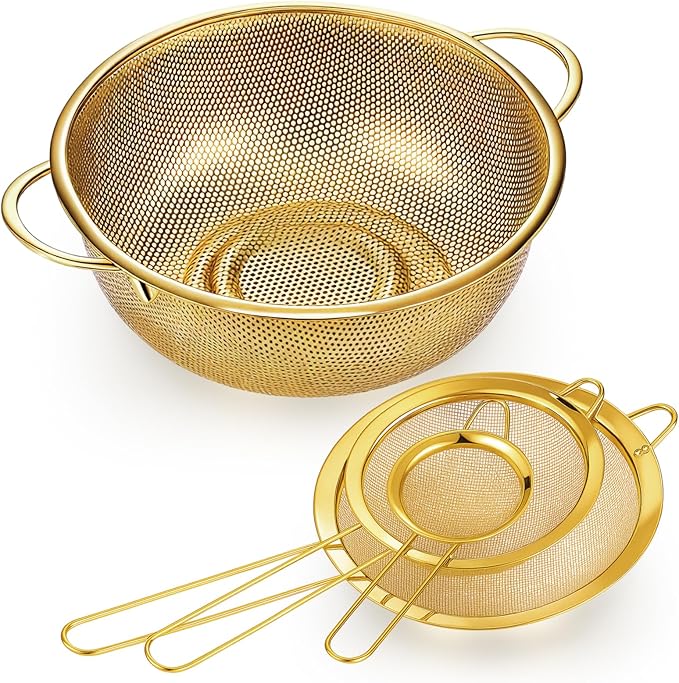 Baderke 3 Quart Stainless Steel Gold Colander and 3 Pcs Fine Mesh Strainer with Handles Gold Kitchen Accessories for Kitchen Draining Rinsing Serving Food Pasta Rice Vegetables