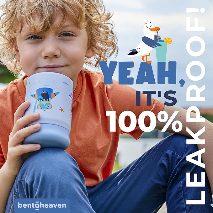 Bentoheaven Kids Food Jar (10oz) - Vacuum Insulated Container - Premium Double Wall Stainless Steel - Easy to Open - Keeps Soup Hot/Cold - Lunch Box Thermos for Kids (Ocean Blue)