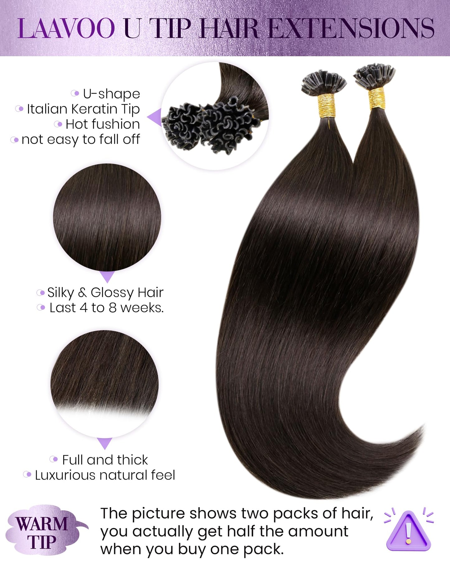 LaaVoo U Tip Hair Extensions Human Hair Brown 18 Inch K Tip Hair Extensions Real Human Hair Darkest Brown Utip Hair Extensions 5