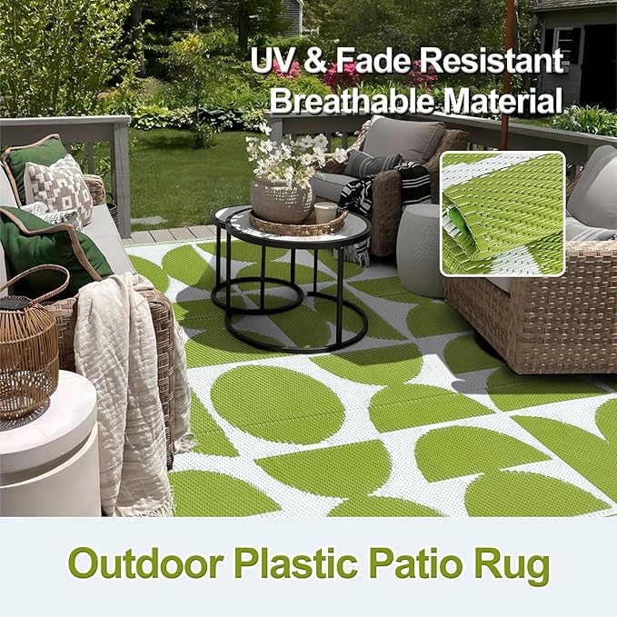 Wonnitar Outdoor Rug 6x9, Waterproof Patios Rug Reversible Plastic Straw Rug, Large Outside Area Rug, Portable Camper RV Mat, Outdoor Carpet for Picnic Balcony Backyard Porch Deck (Green,6'x9')