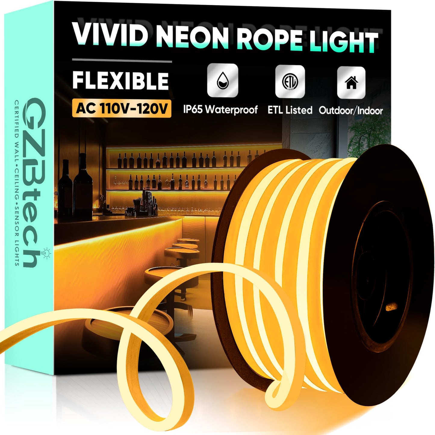Gzbtech Flexible Led Neon Rope Lights 16.4Ft Ac 110-120V Waterproof Strip Light  120Leds/M Cuttable Connectable Neon Lighting For Indoor Outdoor Home Decor/Commercial Building Use-Amber 5M