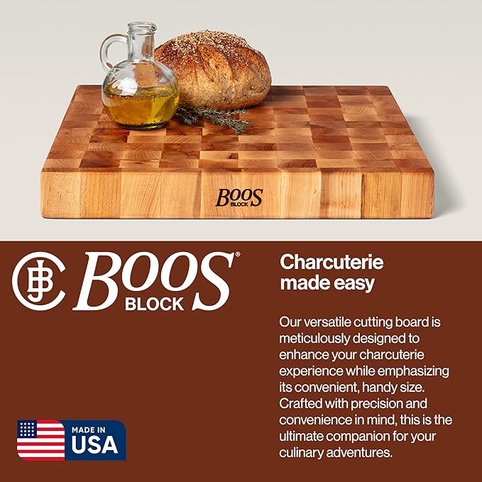 John Boos CCB Series Square Wooden Maple Cutting Board 18”x18” – 2.25” Thick, 22-lb Reversible Butcher Block with End-Grain & Finger Grips – Made in the USA