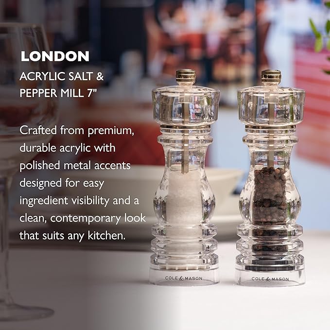 Cole & Mason London Refillable Spice Mill - Kitchen & Home Accessory - Salt & Pepper Grinder Set - Salt Mill with Ceramic Mechanism - Pepper Mill with Carbon Steel Mechanism - 7", Acrylic