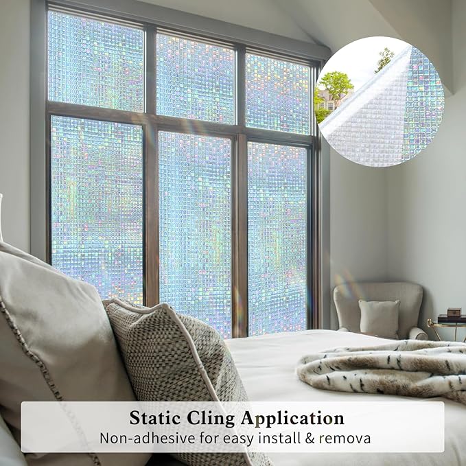 Privacy Window Film Stained Glass Non-Adhesive Rainbow Window Film Home Decorative Vinyl Static Cling Window Stickers Window Covering for Glass Door Bedroom Office 35.4 Inch x 13.1 Feet