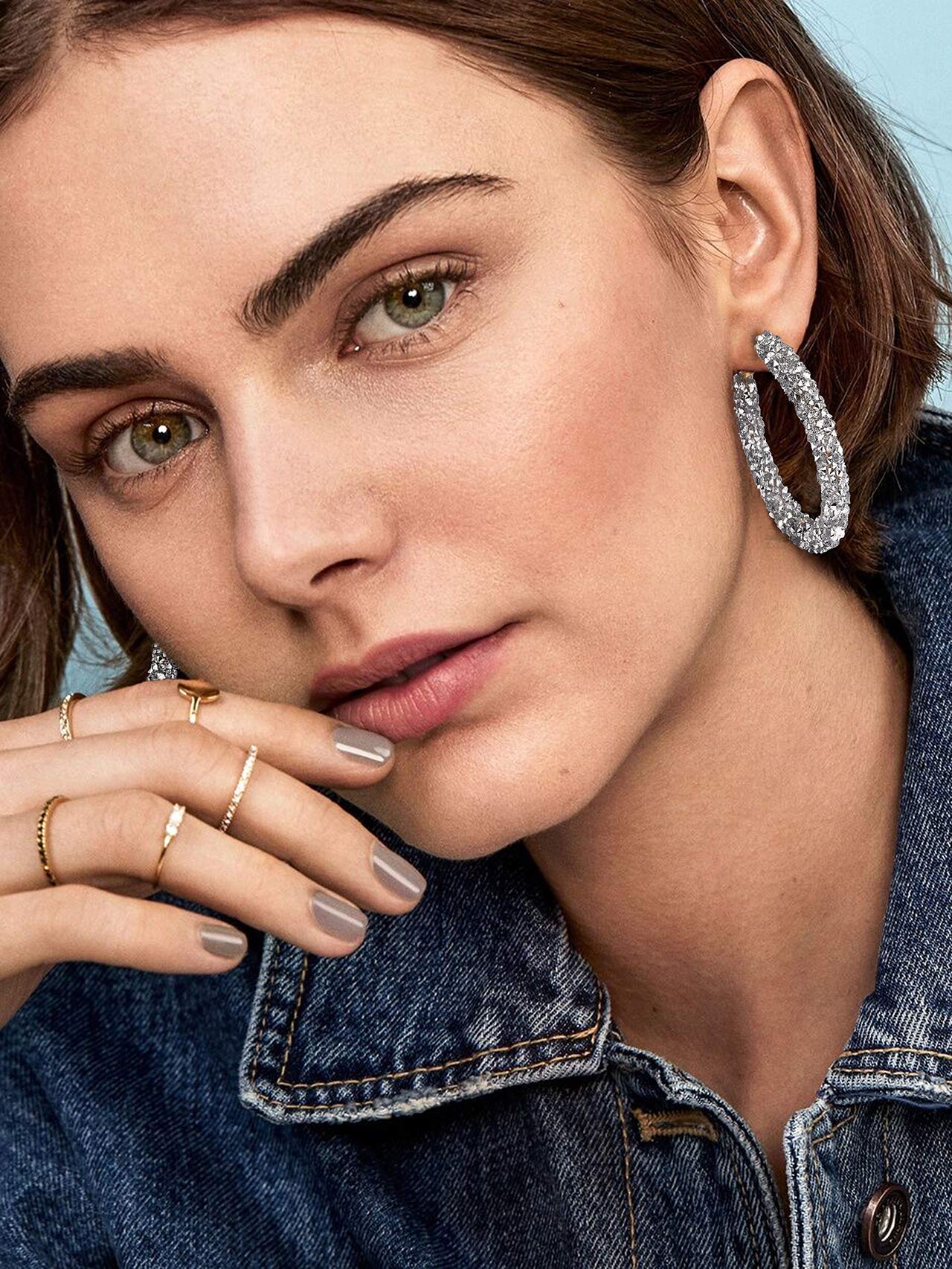 NLCAC Glitter Hoop Earrings Bohemian Sparkle Resin Rhinestone Wrapped Hoop Dangle Earrings for Women(C-silver)