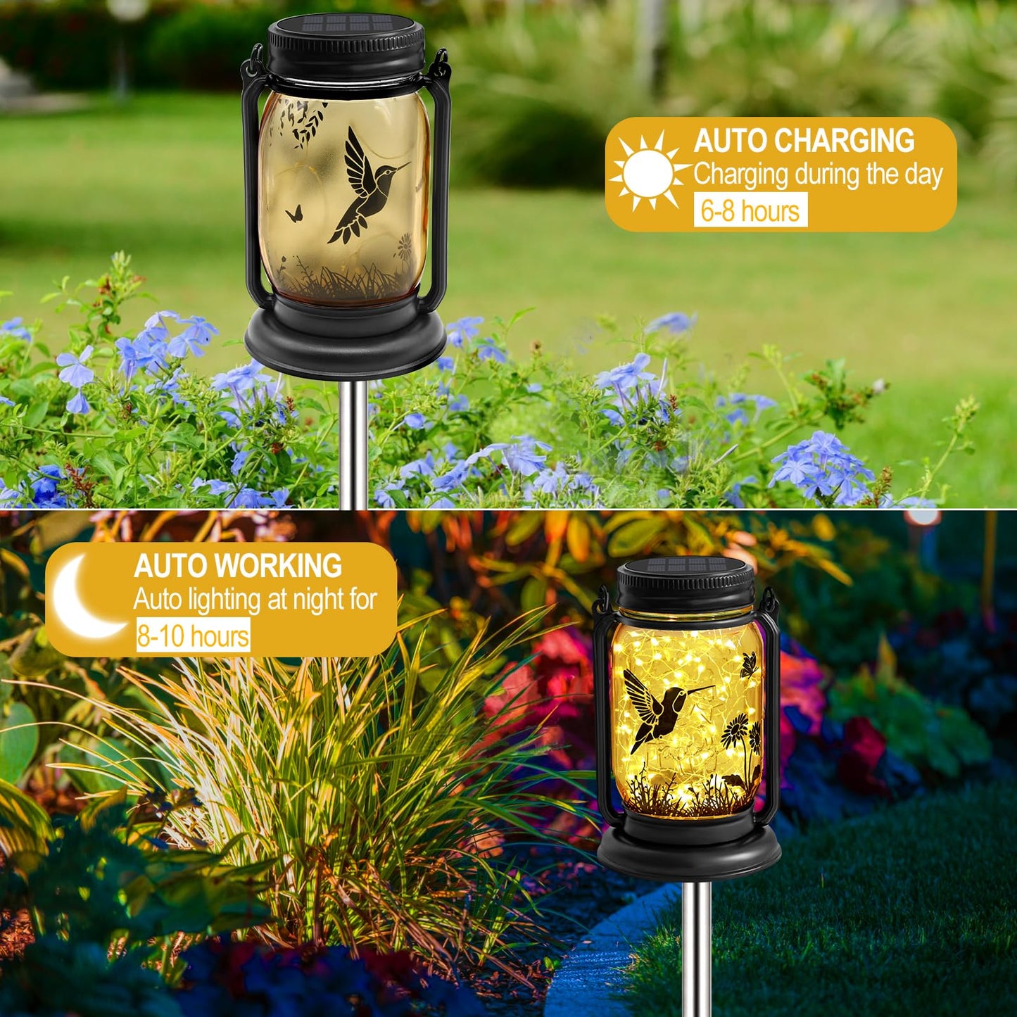 YJFWAL Hummingbird Solar Lanterns, 2 Pack, Vintage Glass, Warm White, Waterproof, Garden Lights, Model NEW-Hummingbird fugumeisen-2P