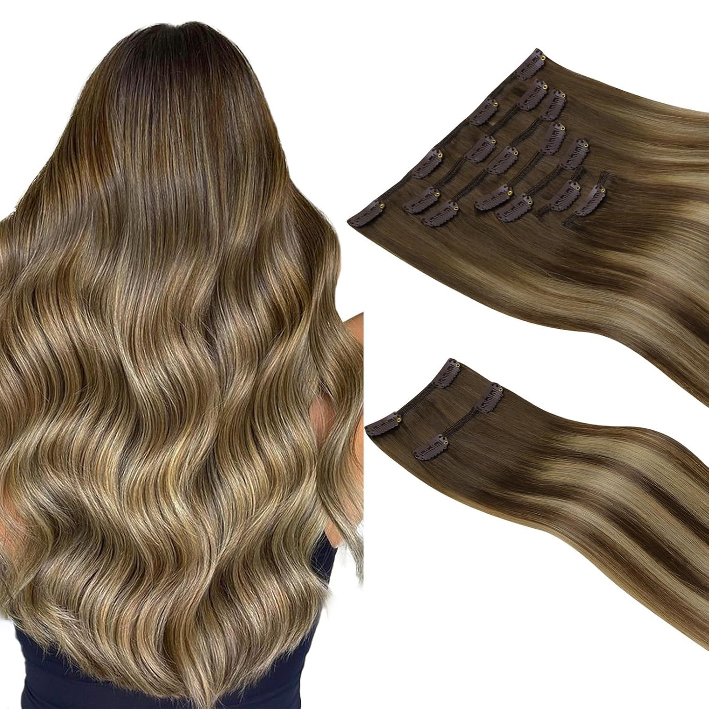 HOTBANANA Clip in Hair Extensions Real Human Hair, 135g 9pcs 16 inch Chocolate Brown with Honey Blonde Straight Remy Clip in Ext