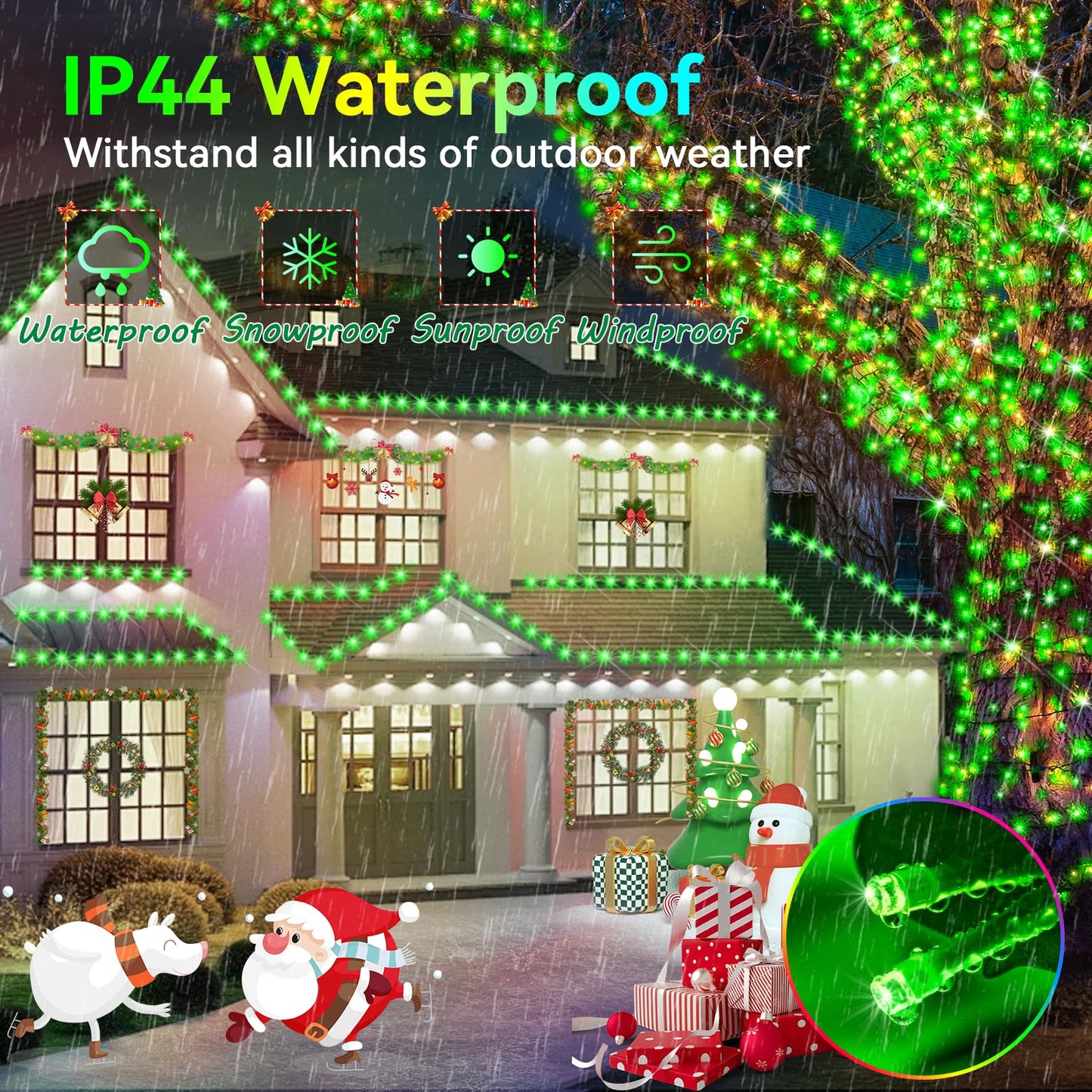 Hezbjiti 1000LED Outdoor Christmas String Lights, 394FT, Green, Waterproof, Remote, 8 Lighting Modes, Timer