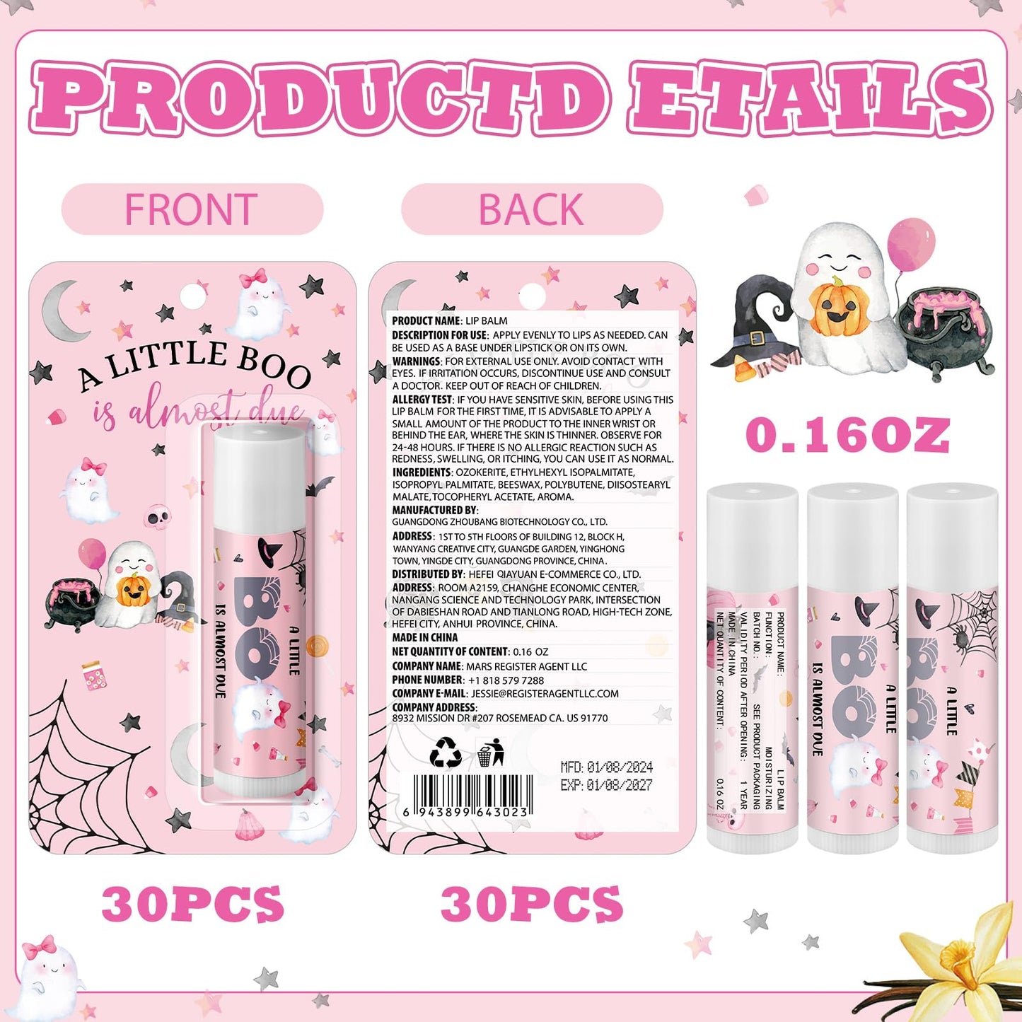 30 Pack Halloween Little Boo Baby Shower Games Prizes Party Gifts Bulk Lip Balms Favors for Winners Adults Guests Gender Reveal