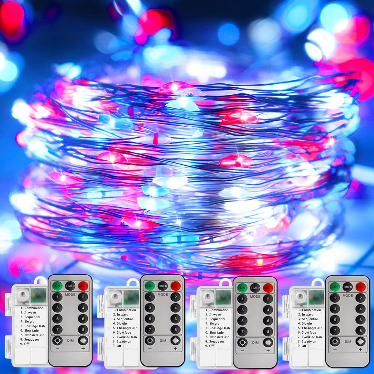 Curyidy Fairy Lights, 100LED Copper String Lights, Battery Operated, Remote Control, Red White Blue, 4 Pack