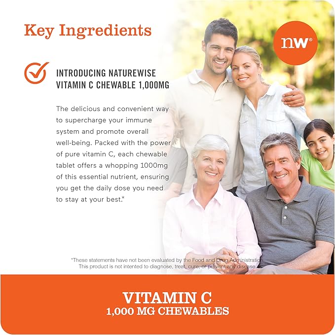 NatureWise Extra Strength Vitamin C Chewable 1000mg for Adults - Natural Orange Flavor - Immune System & Antioxidant Support - Non-GMO, Vegan & Sugar Free - 200 Chewable Tablets[100-Day Supply]