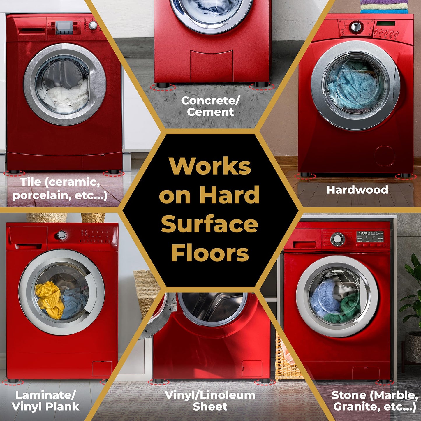 Anti Vibration Pads for Washing Machine with HexaGrip - Stops Washer Dryer Moving, Walking - Prevents Noise, Vibration Transfer - Rubber Antivibration Stabilizer Support Feet Mat - VIBRASHIELD 4 Pack