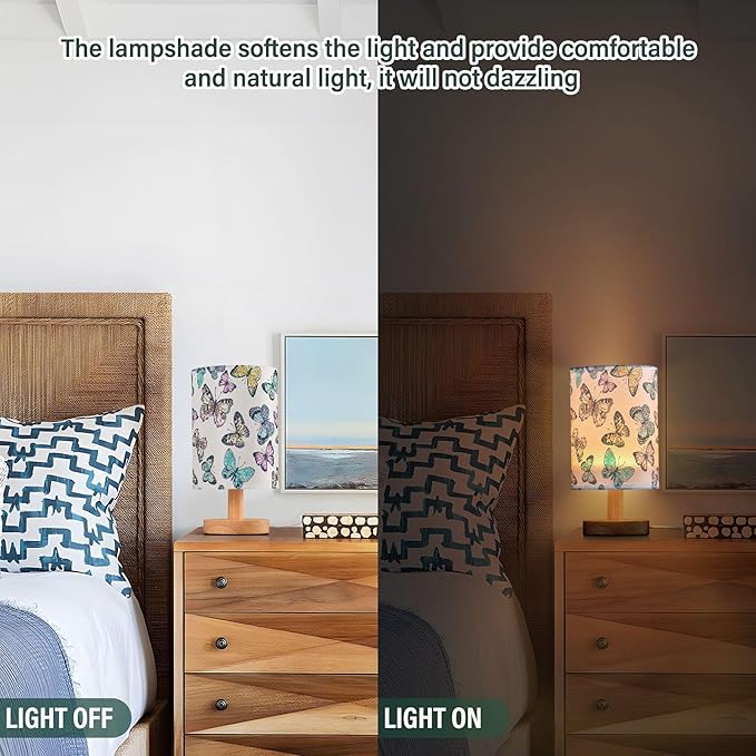 Table Lamp Pretty Butterflies Nightstand Lamp with Wood Base Fabric Lamp Shade Bedside Desk Lamp for Living Room Bedroom Kids Room Office