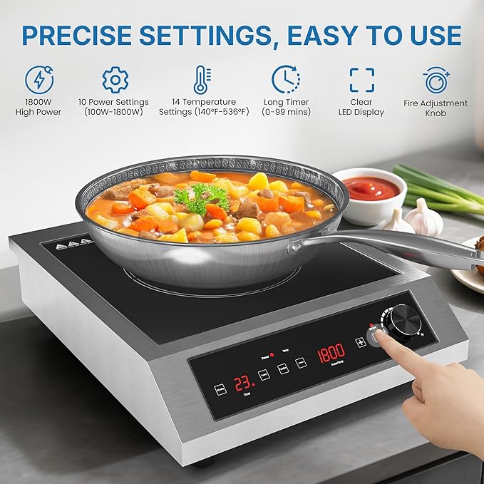 Commercial Electric Induction Cooktop, 1800W Induction Hot Plate, 10 Power & 14 Temp Setting, Professional Countertop Burner with Timer, Electric Stove with LED Screen, Black