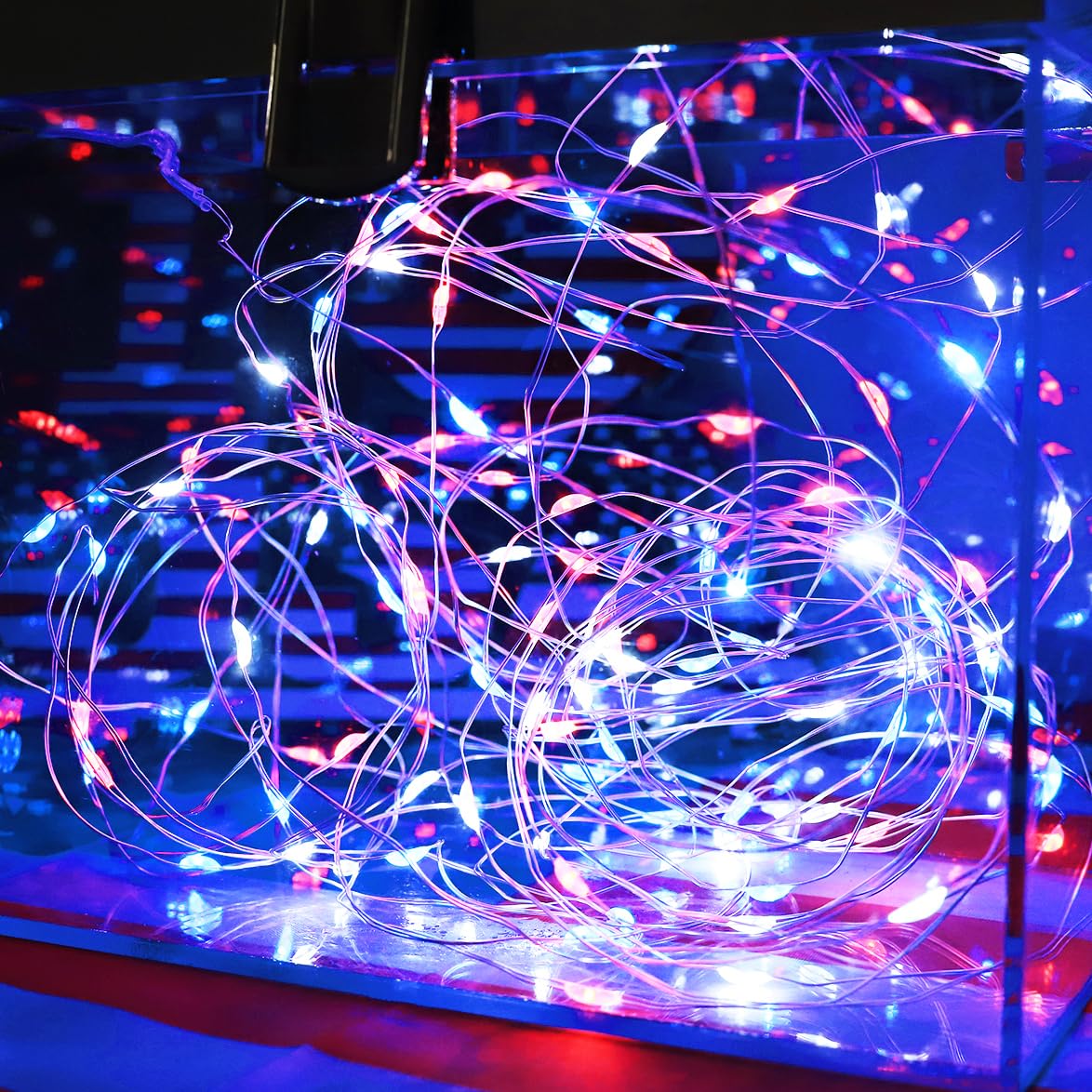 Curyidy 100LED Fairy Lights, Remote Control, Red White Blue, 2 Pack, Model STCO