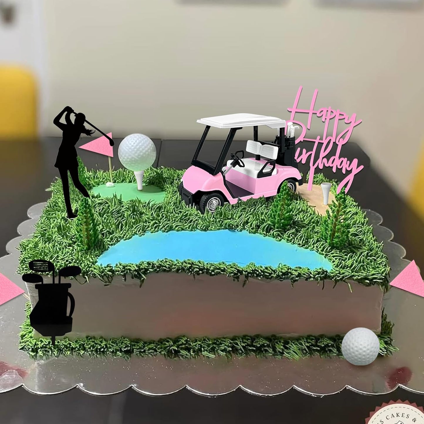 Golf Cake Decorations Golf Cart Cake Toppers Heading for The Pink Cake Topper with Cart Flag White Ball for Theme Party Supplies (Pink)