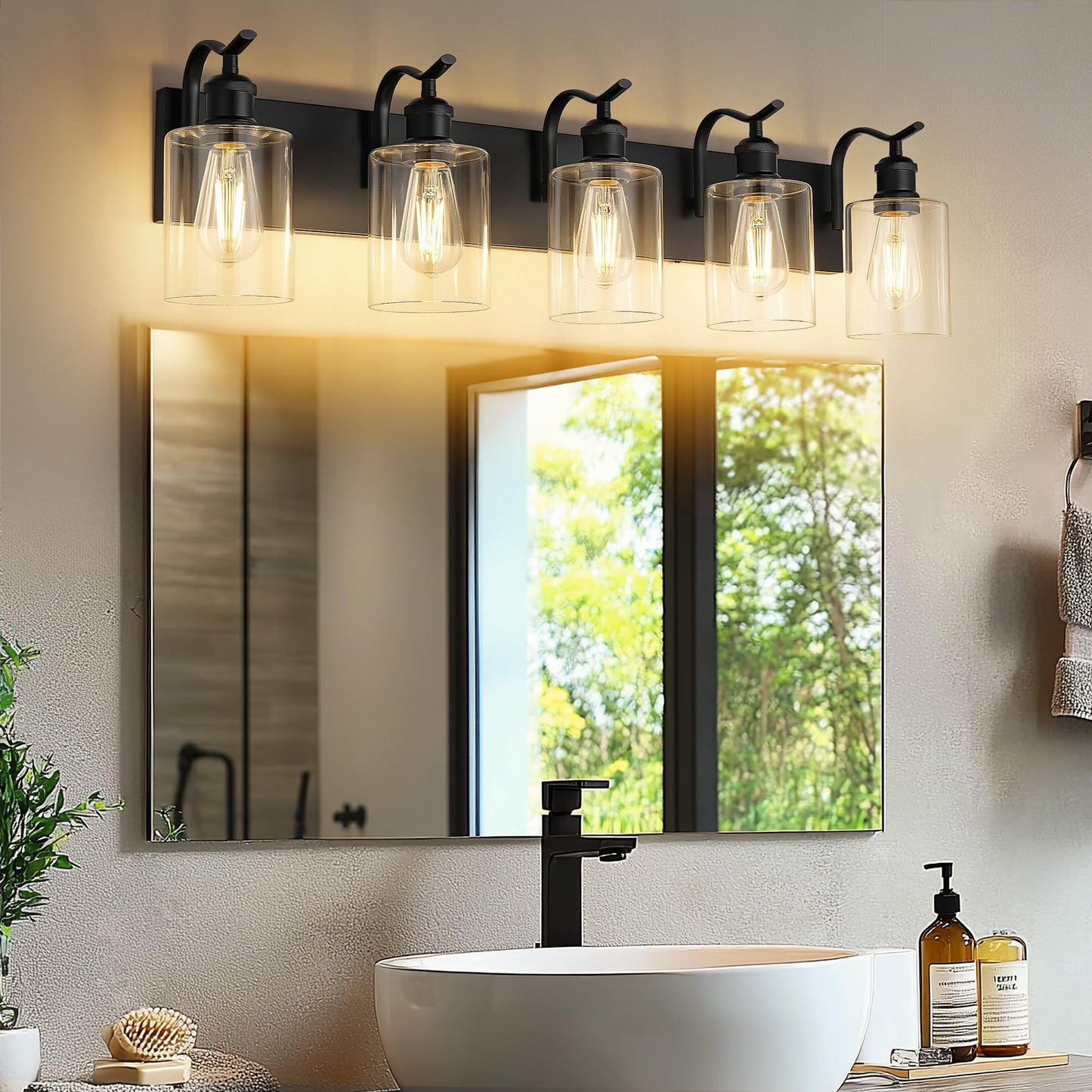 Jazava 5 Light Bathroom Vanity Light  Black Light Fixture Morden Bathroom Lighting Fixtures Over Mirror Black Wall Sconces With Clear Glass Shade Zcvl01Bk-5