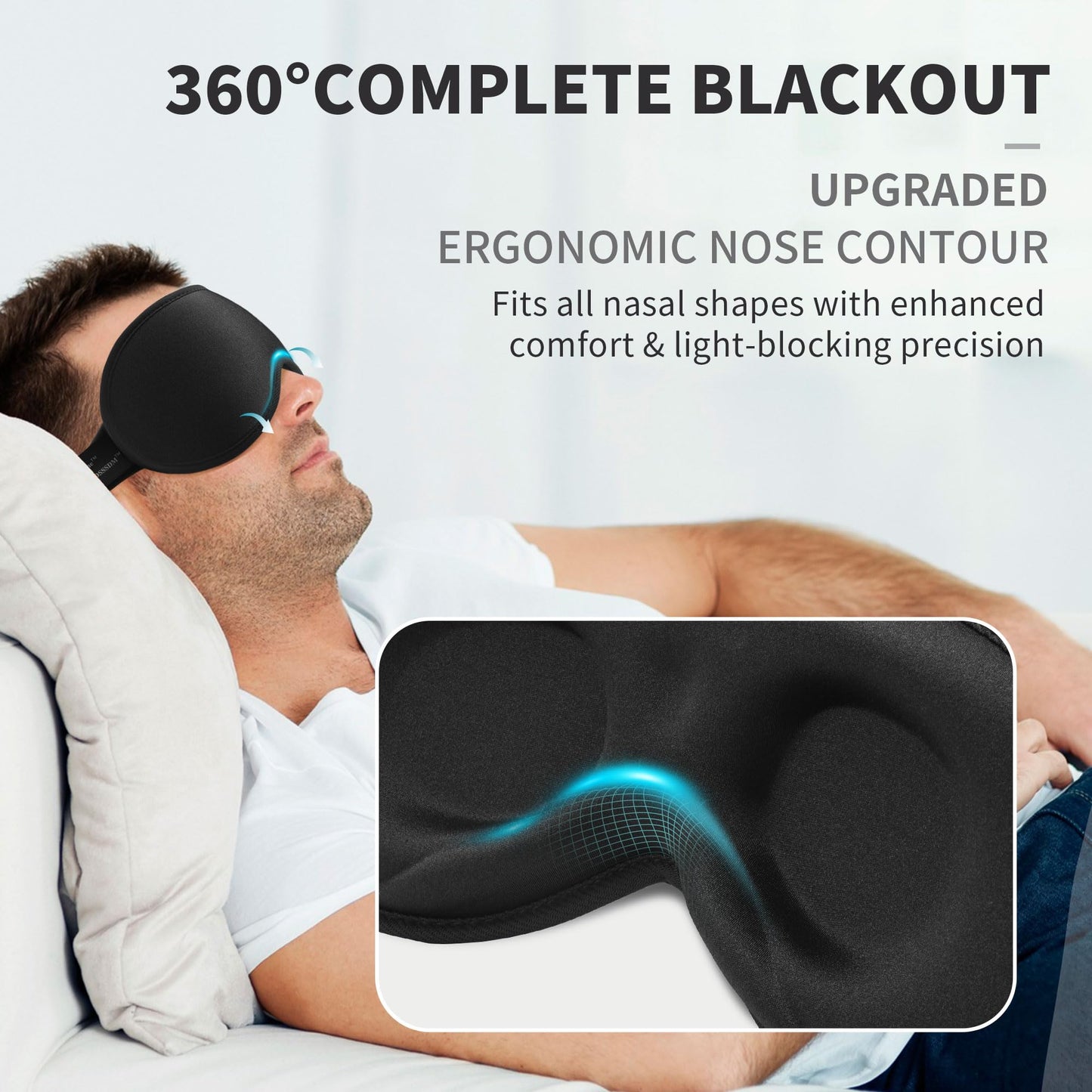 3D Sleep Mask for Men Women 2 Pack, Blackout Eye Mask for Sleeping Eye Mask for Side Sleeper, Memory Foam Adjustable&Washable, Airplane Travel Essentials Couples Yoga Meditation Office Black & Black