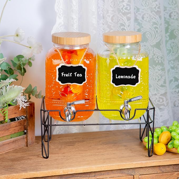 2-Pack1Gallon Glass Drink Dispensers for Parties,Beverage Dispenser with Stainless Steel Leakproof Spigot/Stand/Bamboo Lids/Fruit Infuser/Chalkboard Labels.for Lemonade & Iced Tea,Party Drinks