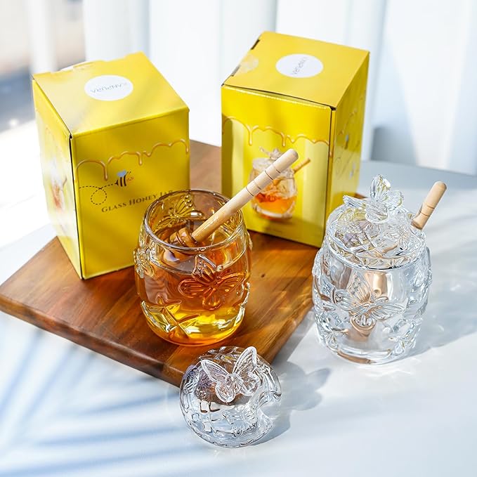 kanpura Clear Crystal Honey Jar with Dipper and Lid, Honey Bee Pot, 4.5oz Glass Honey Pot for Christmas Home Kitchen Decor