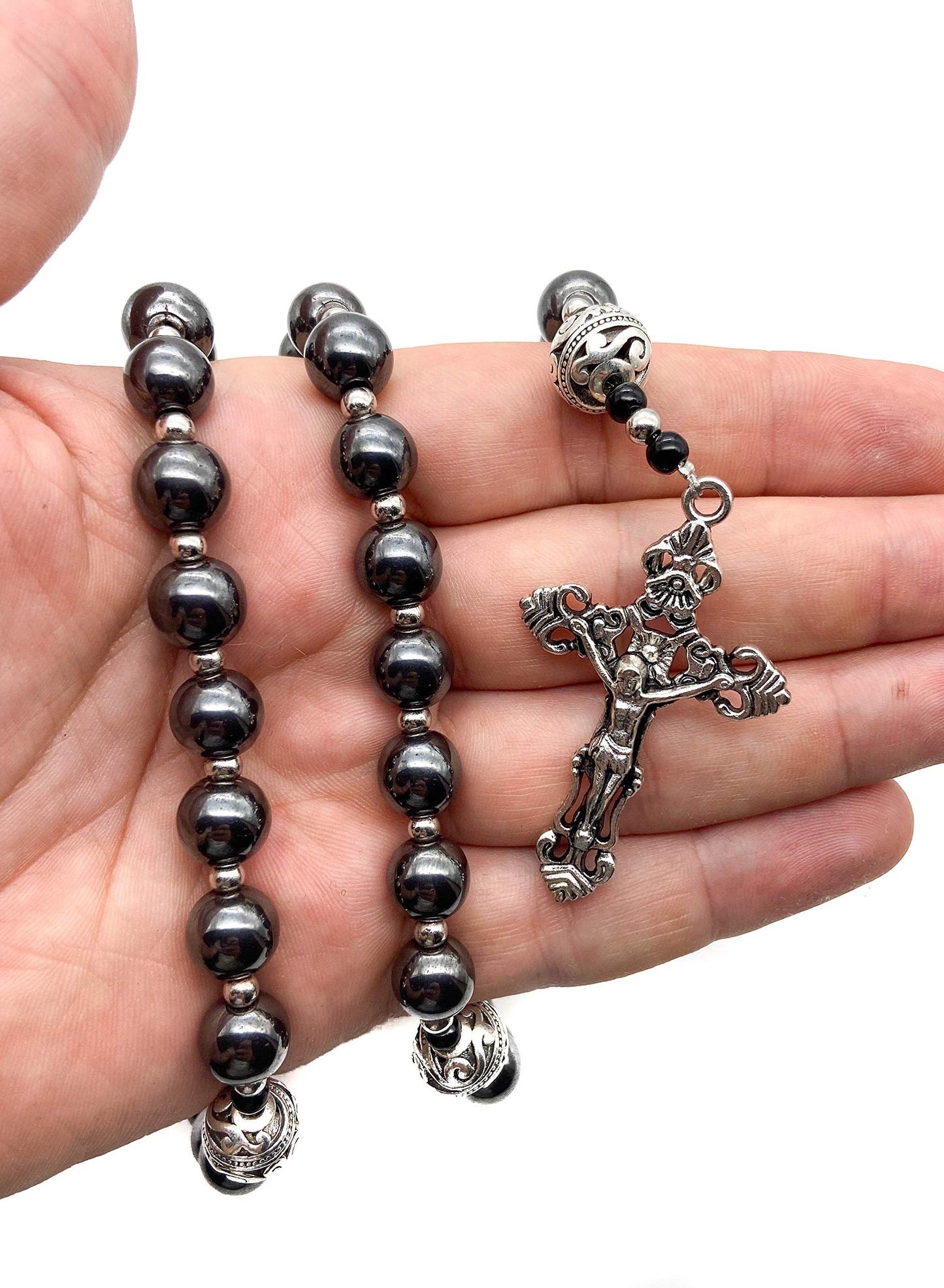 Nazareth Store Hematite Rosary Black Stone Beads Necklace Metal Beaded Miraculous Medal & Cross Rosary For Men and Womens NS