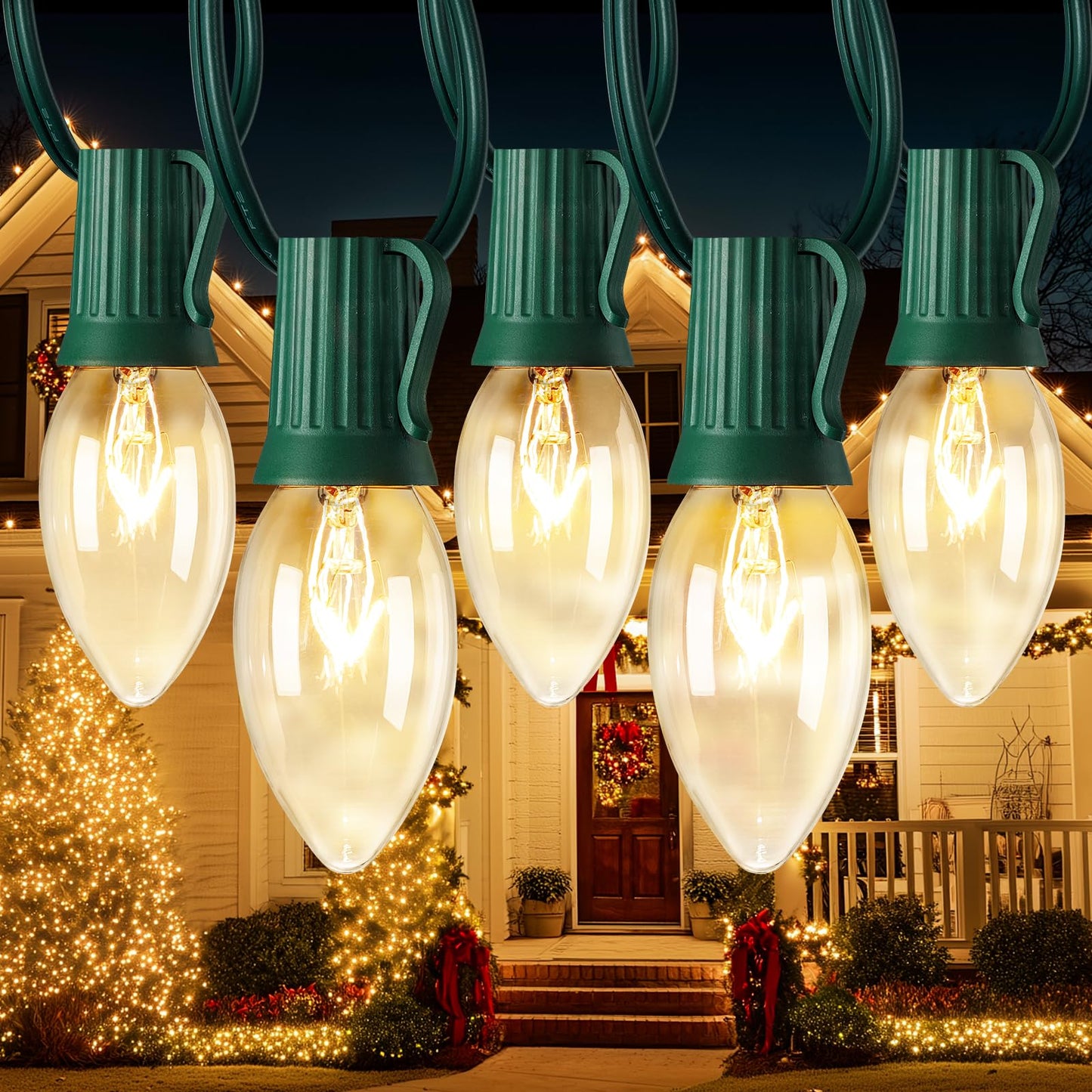Minetom C9 Christmas String Lights, 50Ft, Clear Bulbs, Green Wire, E17 Base, 50+2 Bulbs, Outdoor/Indoor Holiday Decoration