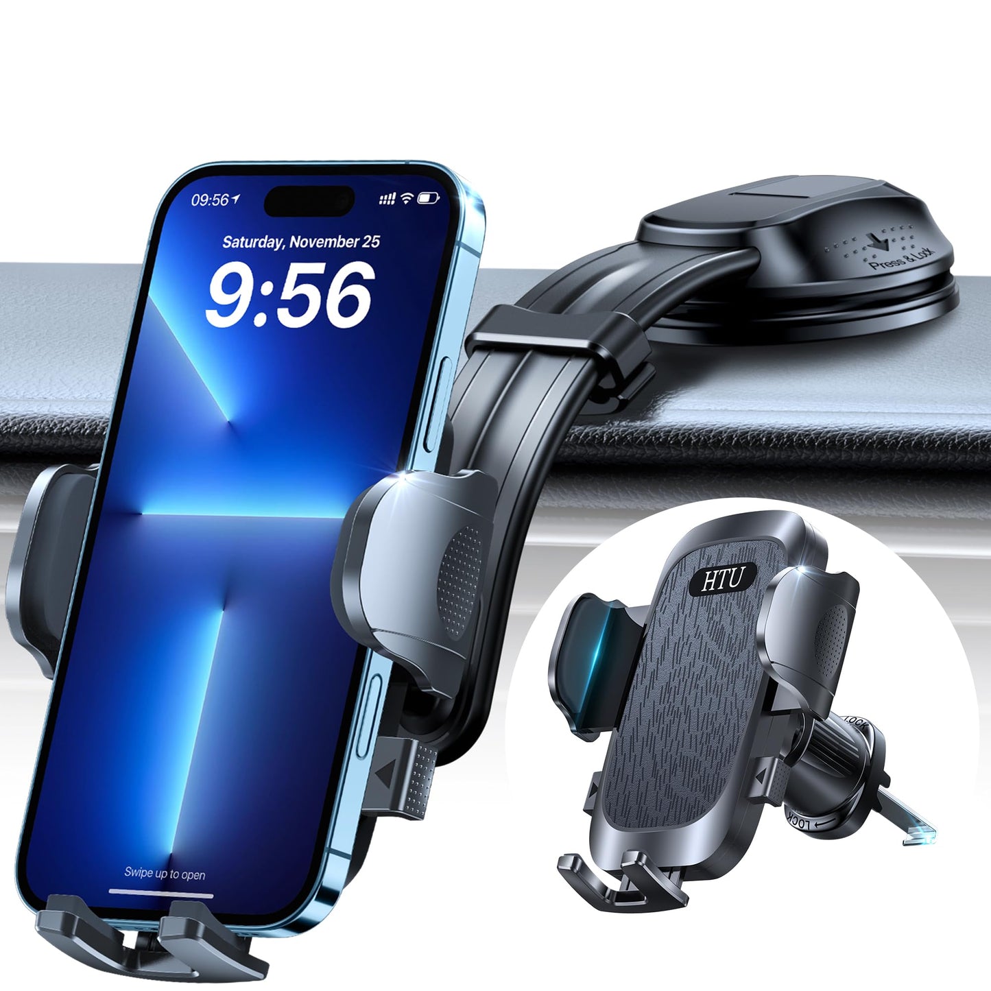 Htu Upgraded Strongest Suction Car Phone Holder Bendable Arm, Never Block View Rotatable Cellphone Mount For Dashboard Windshiel