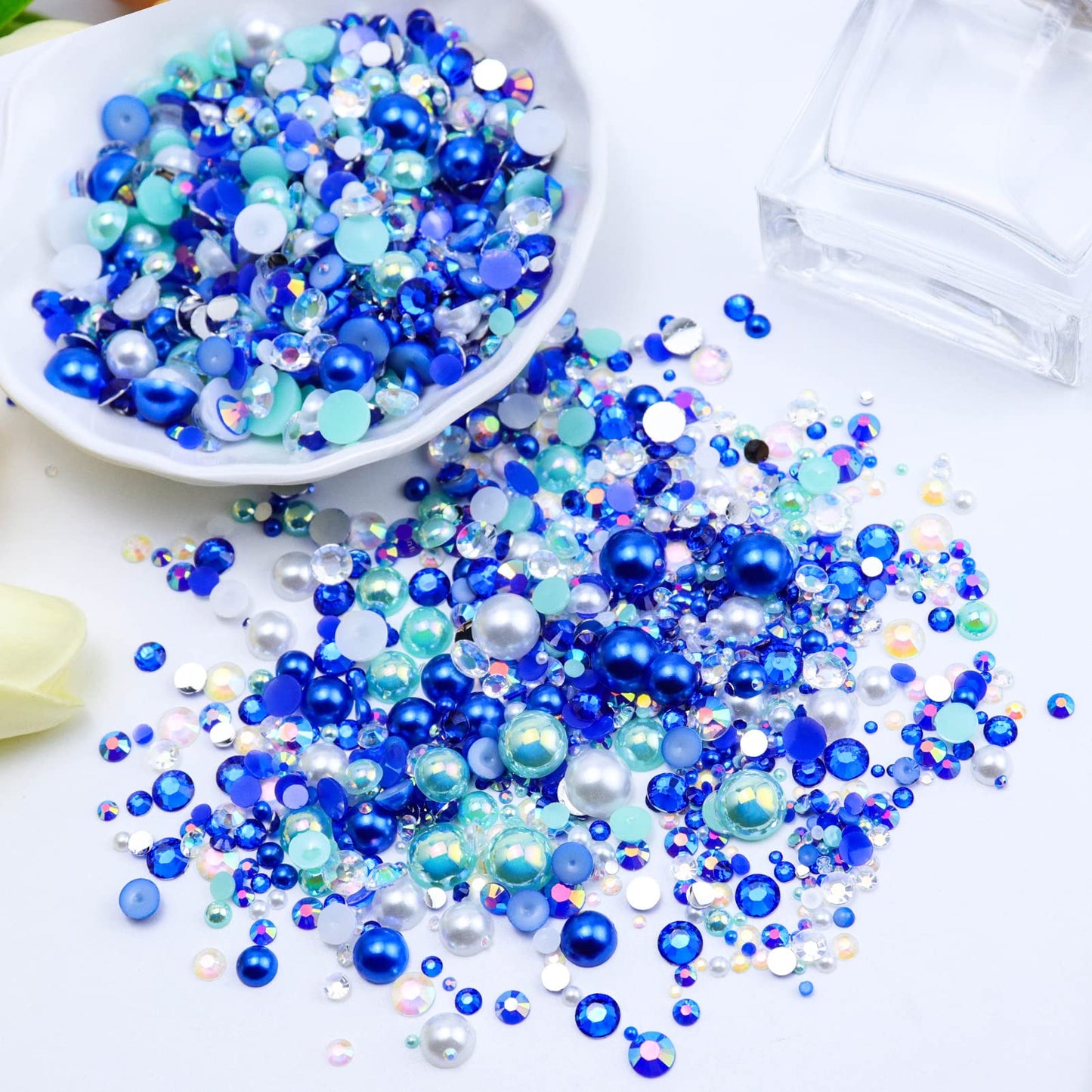 Briskbloom 60g Mix Flatback Pearls and Rhinestones for Crafts, 2mm-10mm Blue Green White for Nail Face Art Tumblers, Jelly Rhine