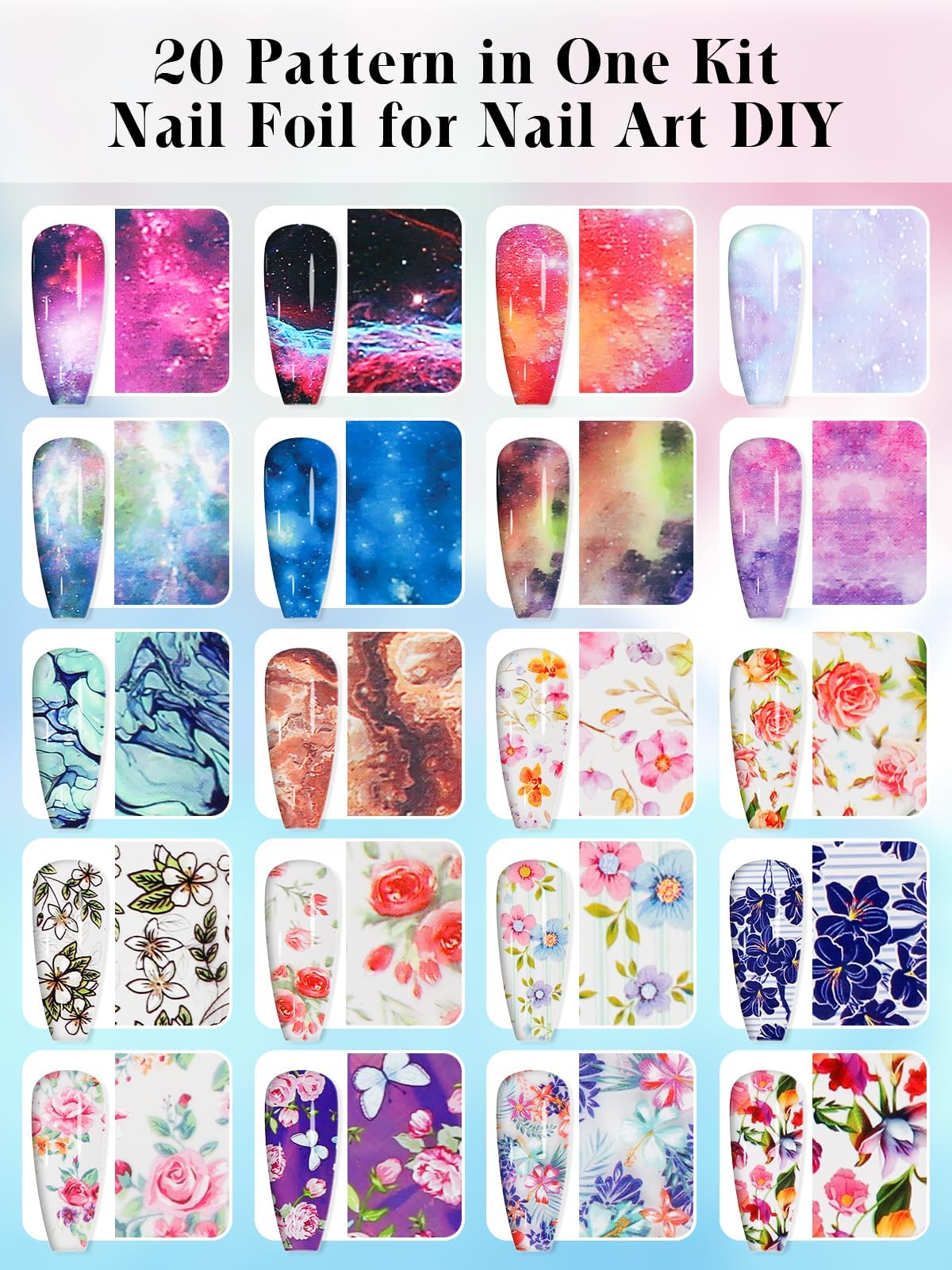 EBANKU Nail Foil Glue Gel, 20 Pcs Nail Art Foil with 30ML Nail Glue, Starry Sky Flower Stickers Transfer Foils Gels Polish Set f