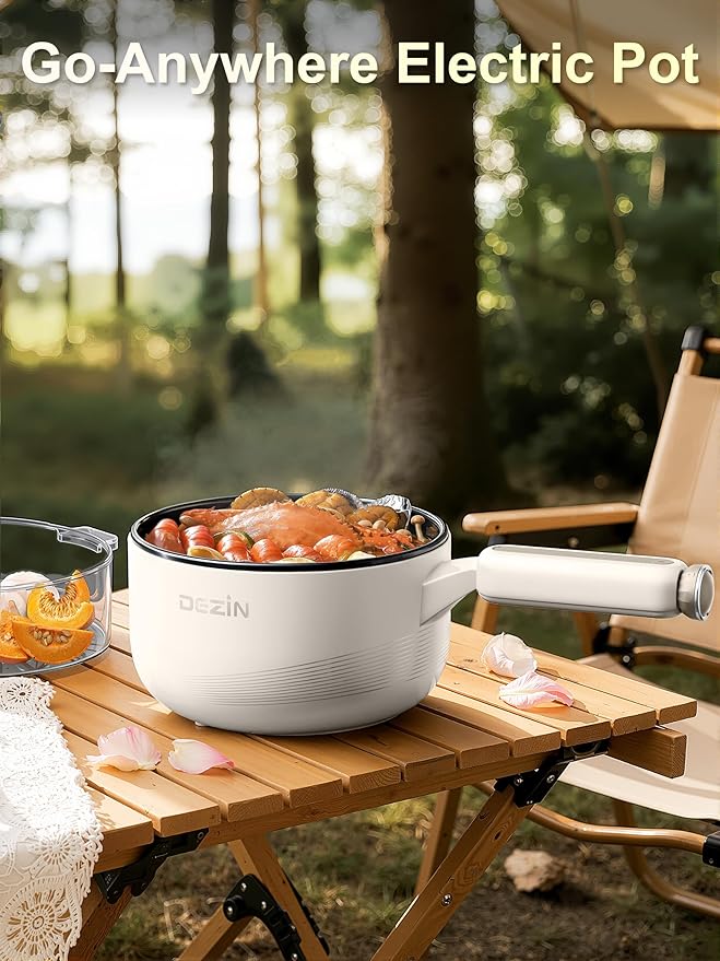 Dezin Electric pot with Steamer, 2L Non-Stick Sauté Pan, 5-in-1 Multifunctional Hot Pot Electric for Steak, Fried Rice, Oatmeal, Soup, Dual Power Control, Portable Pot for Dorm, Office & Small Kitchen