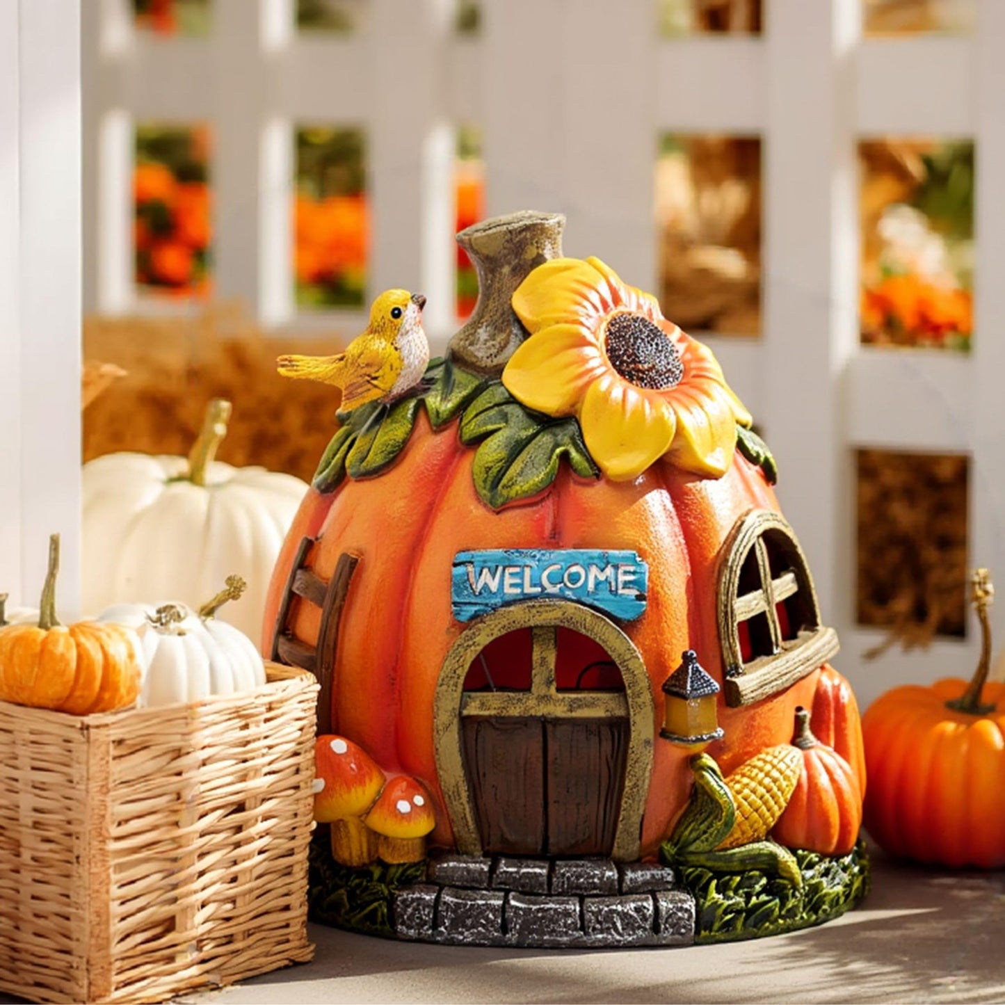 TERESAS COLLECTIONS Pumpkin Fairy House with Solar Lights, 7.6in Waterproof Resin Fall Decor, Orange