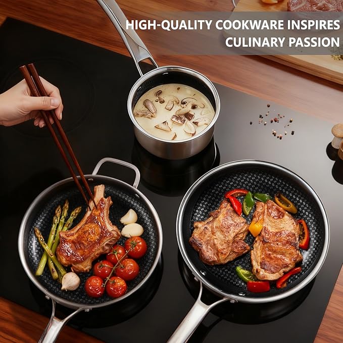 Bonnlo 11 Pieces Cookware Set, 3-Ply Stainless Steel Pots and Pans Set with Lids, Non-Toxic Kitchen Set, Oven & Dishwasher Safe, Induction Cooking Set, PFOA & PTFE Free