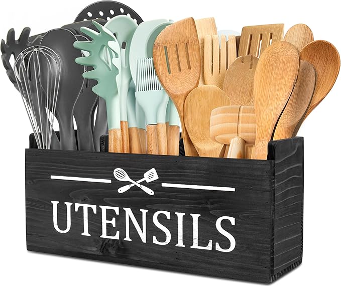 RedCall Wooden Kitchen Utensil Holder for Counter-top,Large Utensil Organizer for Storage Cooking Tool and Silverware,Extra Large Rustic Wood Container (Black)