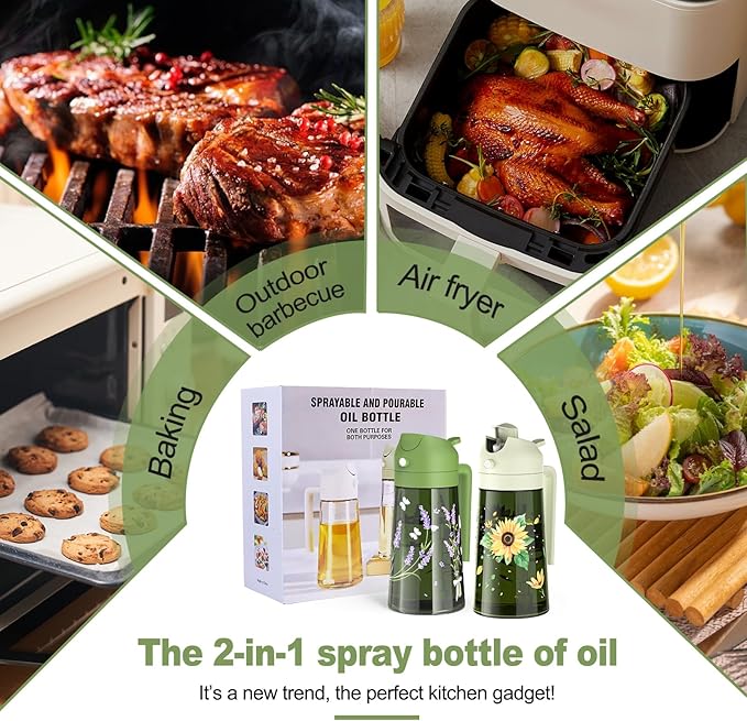 COOLMI Oil Sprayer for Cooking, 2 in 1 Olive Oil Dispenser Bottle Set for Kitchen, Food-Grade Glass Green Oil Vinegar Bottle Container - 16OZ/470ML Set of 2 (Beige + Green)