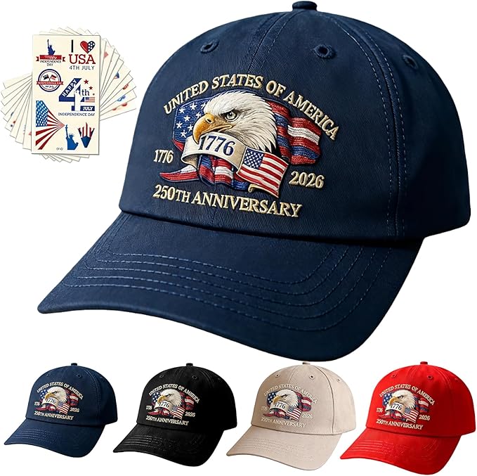 Bokauo 250 Anniversary USA Hat for Men Women,Printed Adjustable Baseball Cap,Patriotic 250th Gift for Husband,Veteran