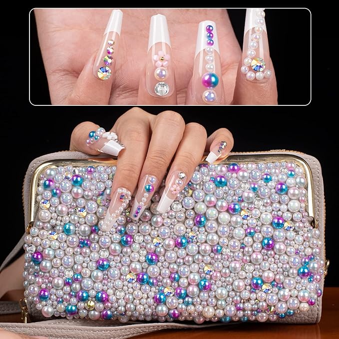 4000PCS Flatback Rhinestones and Half Round Pearls Kit #16, Multi Size Glass Clear Crystals, Plastic Flat Back White AB & Beige AB Dome Bead with Pickup Pencil and Tweezer for Nail Art