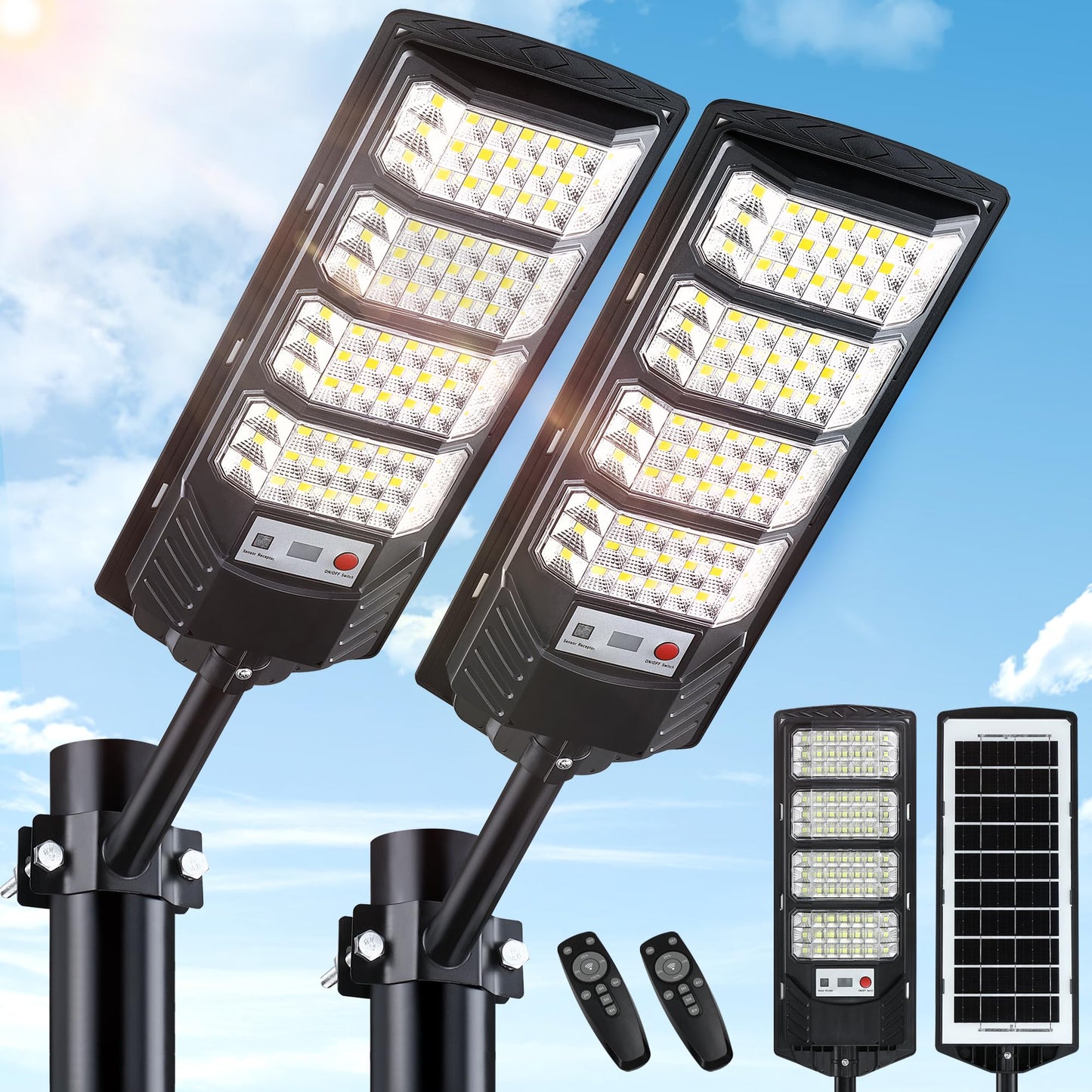 2 Pack Solar Street Lights Outdoor Waterproof  20000Lm 6500K Led Solar Motion Sensor Light Outdoor  Dusk To Dawn Flood Lights Remote Control  Commercial Area Parking Lot Light