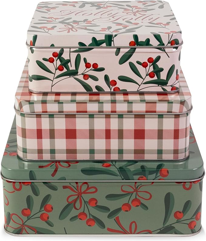 Steel Mill & Co Tin Containers with Lids, 3 Pack Christmas Cookie Tins, Festive Cookie Tins for Gift Giving & Holiday Treats, Square Metal Nesting Containers (Holly Jolly)