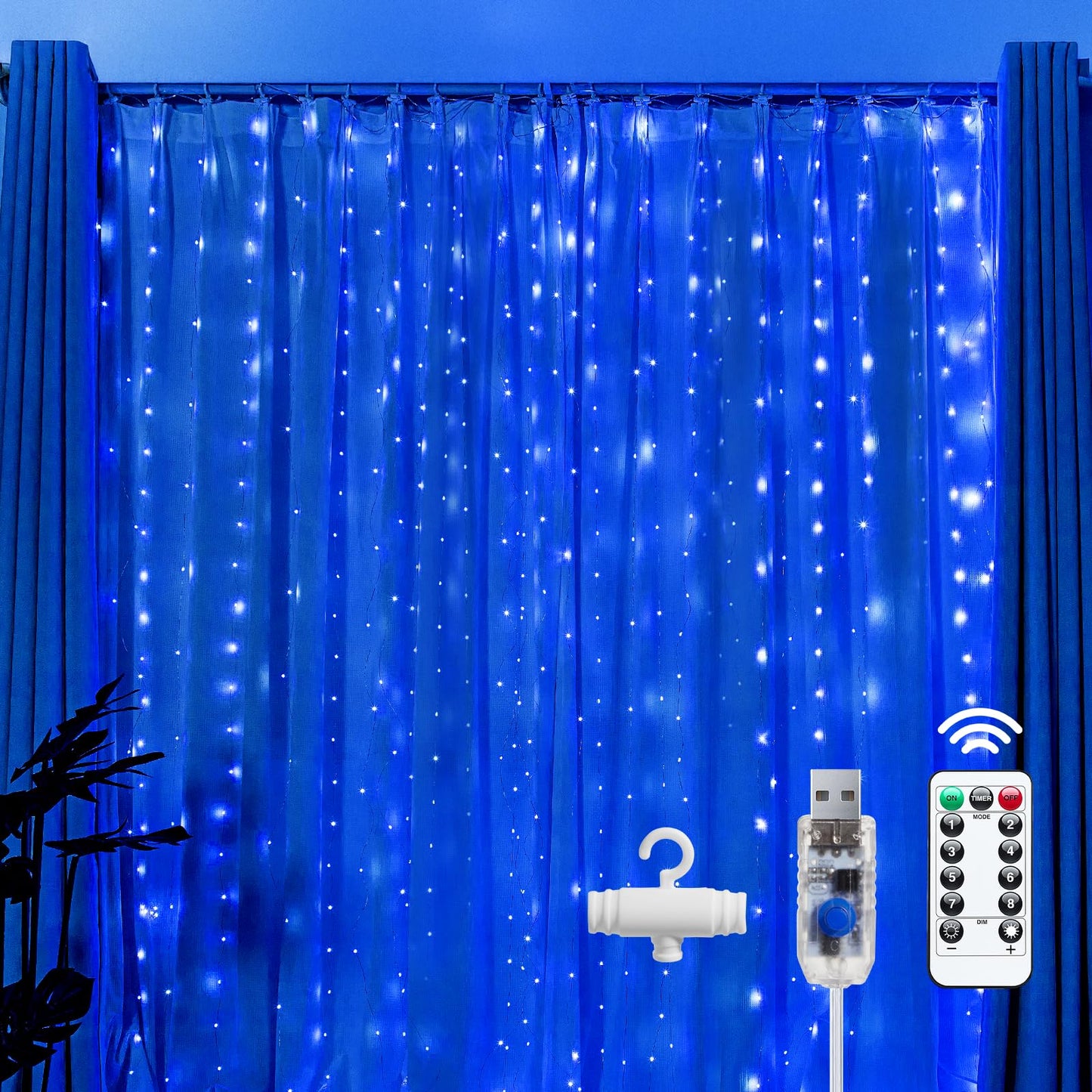 Brightown 300 LED Fairy Curtain Lights, USB Plug, 8 Modes, 9.8ft x 9.8ft, Copper Wire, Blue